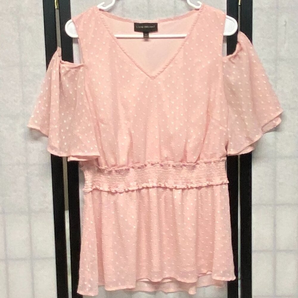 Lane Bryant Cold Shoulder V Neck Swiss Dot Gathered Waist Peplum Top Pink XL